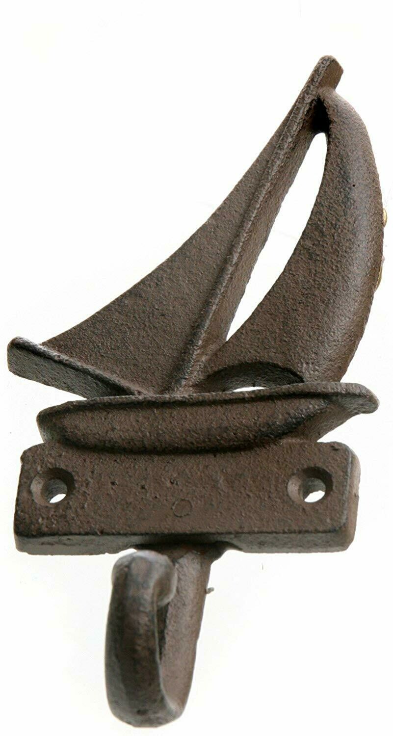 Wandhaken SEGELBOOT - Dunkelbraun - 16 cm - Kleiderhaken - Gußeisen - Schiff