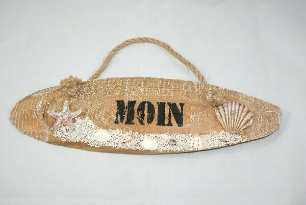 Holzschild mit MOIN Aufdruck, mit Sand und Muscheln, ca 36x10 cm
