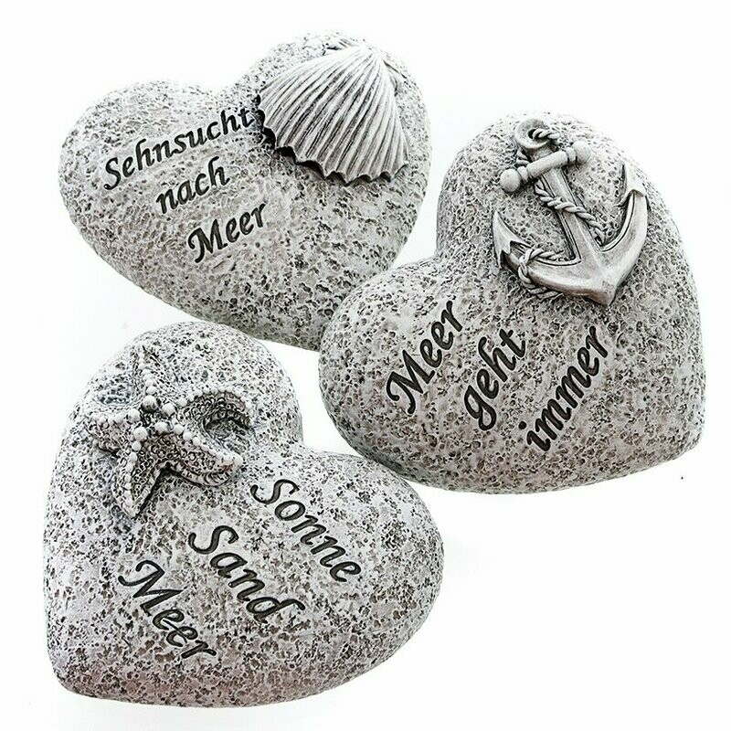 Herz 'Maritim', 3 sort, mit Anker/Seestern/Muschel, Meer geht Immer'/'Sonne Sand Meer' /'Sehnsucht nach Meer', grau, Poly, ca. 9,5 x 8,5 x 3,5cm H Herz 'Maritim', 3 sort, mit Anker/Seestern/Muschel, Meer geht Immer'/'Sonne Sand Meer' /'Sehnsucht nach Meer', grau, Poly, ca. 9,5 x 8,5 x 3,5cm H