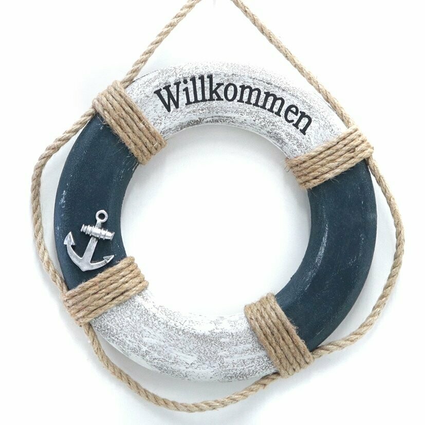 Deko-Rettungsring mit Tau, Willkommen' und Anker-Deko, antik-weiß/blau, MDF, ca. 28 cm Ø