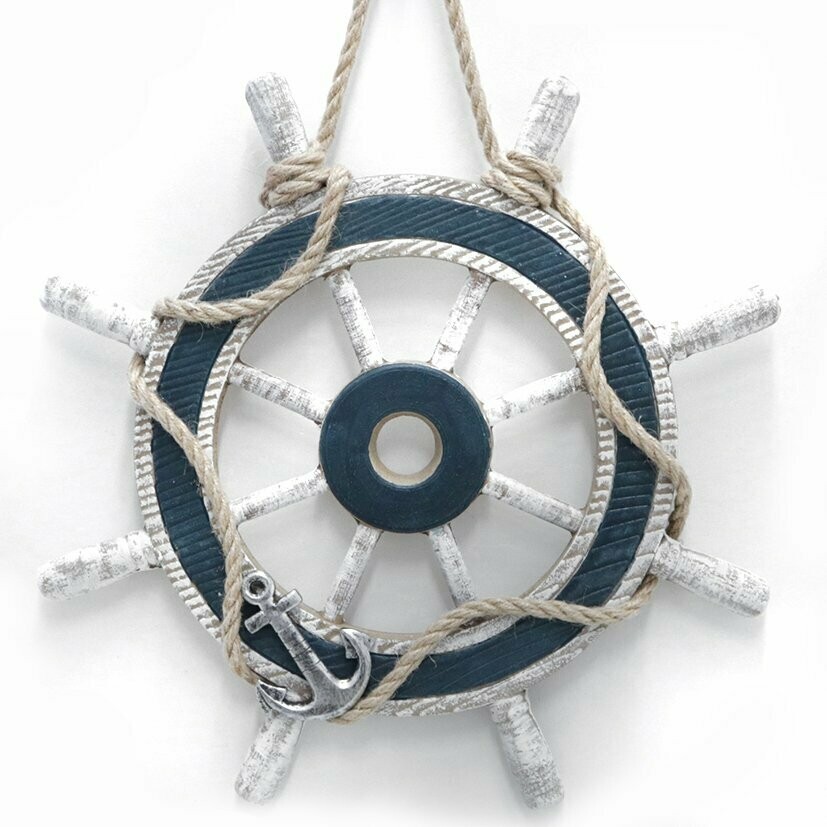 Deko-Steuerrad mit Tau, mit Anker-Deko in Silber, antik-weiß/blau, MDF, ca. 40 cm Ø