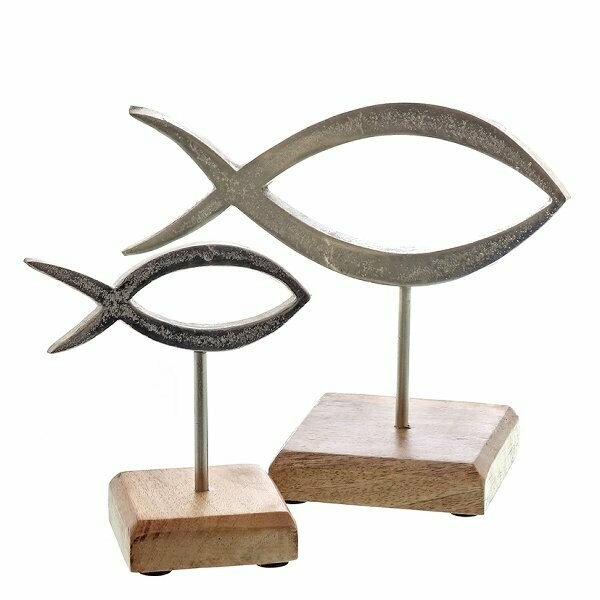 Alu line Metall Fisch auf Stand Mangoholz/Aluminium vernickelt ca.13x7x14cm, 1 Fisch