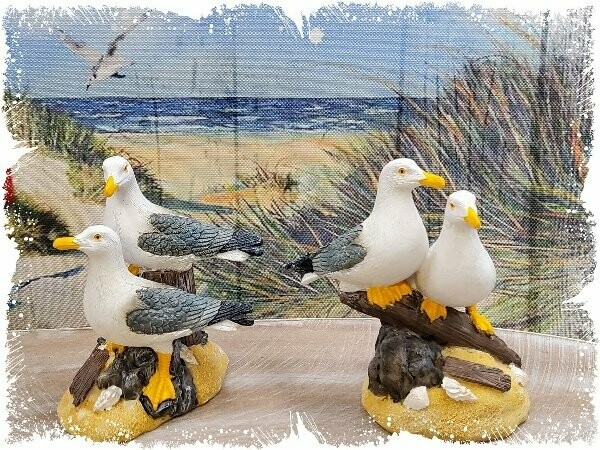 Möwe am Strand 2-Fach Sortiert, ca.9x8x10cm 1 Stück, zufällige Auswahl