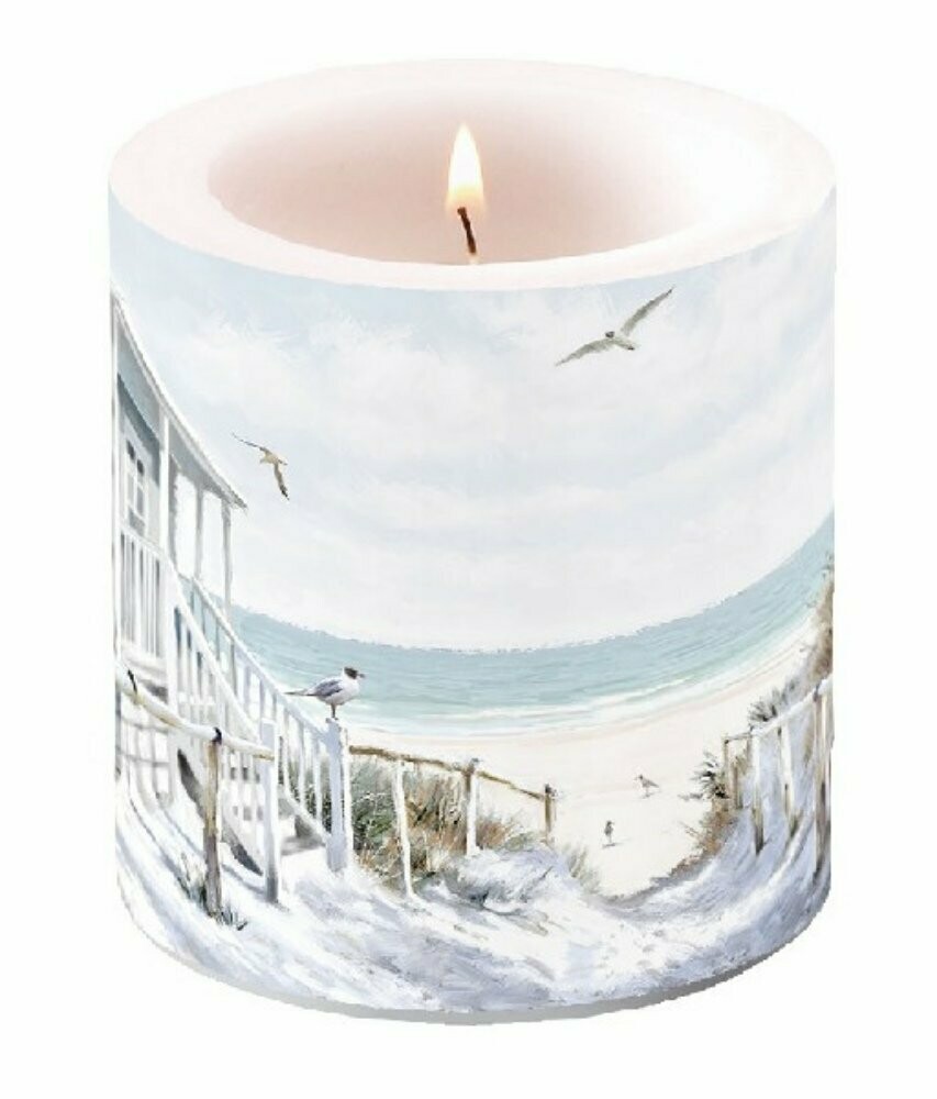 Windlichtkerze kleines Strandhaus,75x75x85 mm