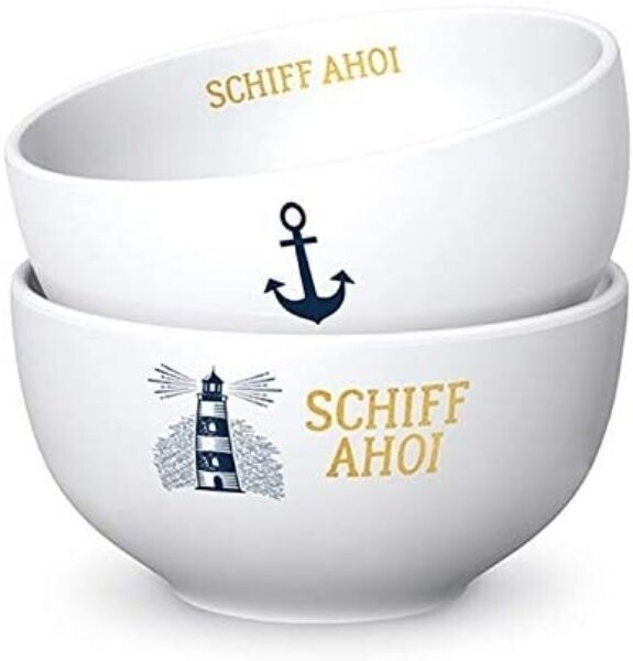 Geschenk Für Dich :-) eine  Müslischale Schiff AHOI Leuchtturm weiß D. 13cm H. 7cm Maritim Porzellan La Vida
