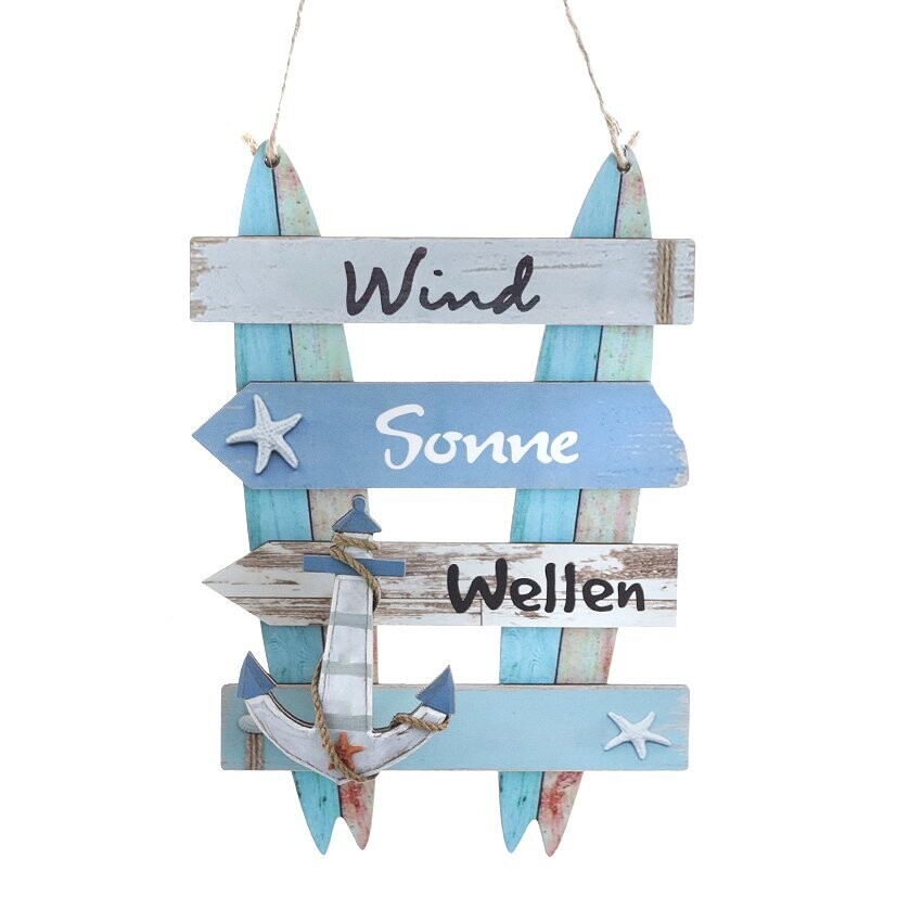 Schild 'Wind/Sonne/Wellen' m/Anker-Clip, blau/braun/weiß, ca. 14,5 x 21 cm H MDF mit Jutehänger