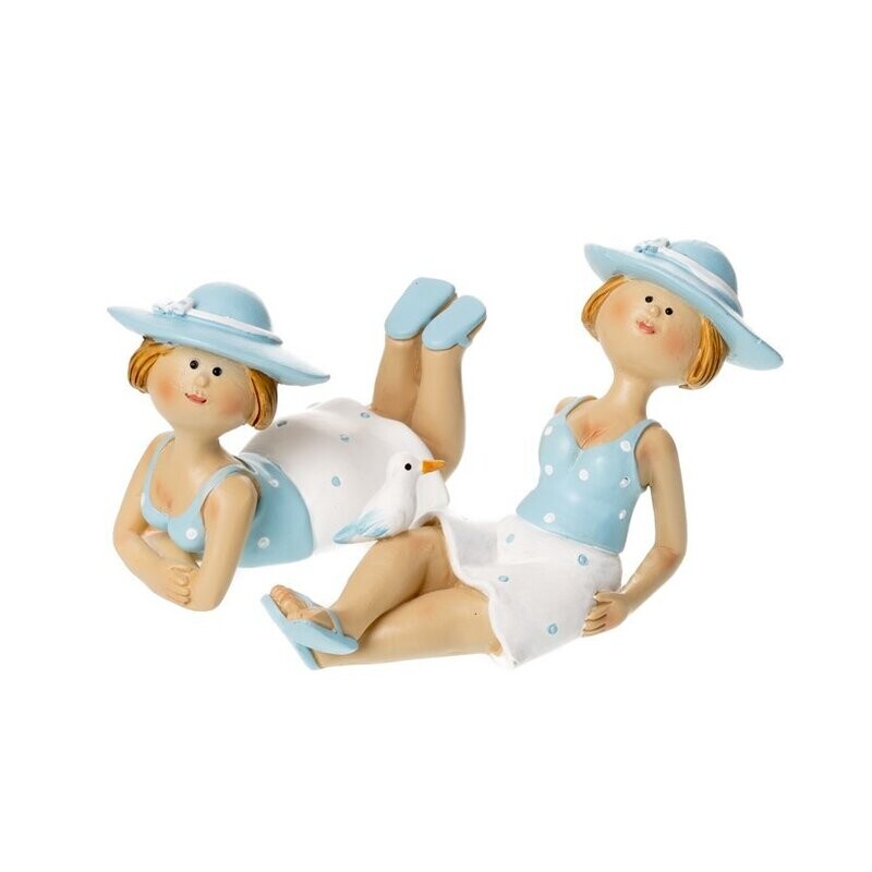 Strandlady, 2 sort., liegend, m/Hut, blau/Creme, Polyresin Strandlady, 2 sort., liegend, m/Hut, blau/Creme, Polyresin