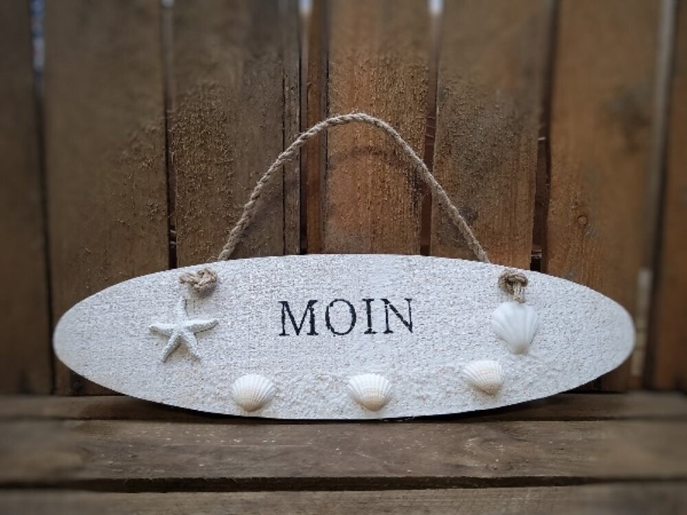 Shabby Whiteline Schild Moin, ca.36x2x10cm MDF, mit Dekomuscheln und Seestern