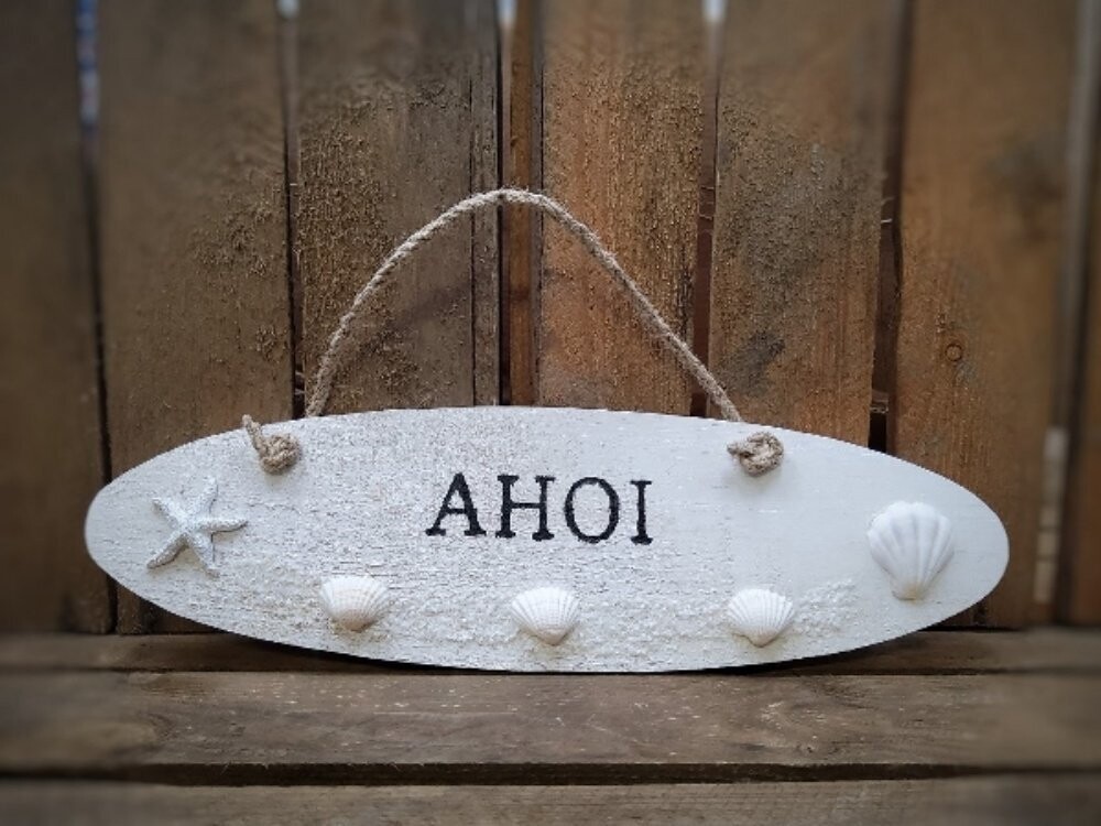 Shabby Whiteline Schild Ahoi; ca.36x2x10cm MDF, mit Dekomuscheln und Seestern