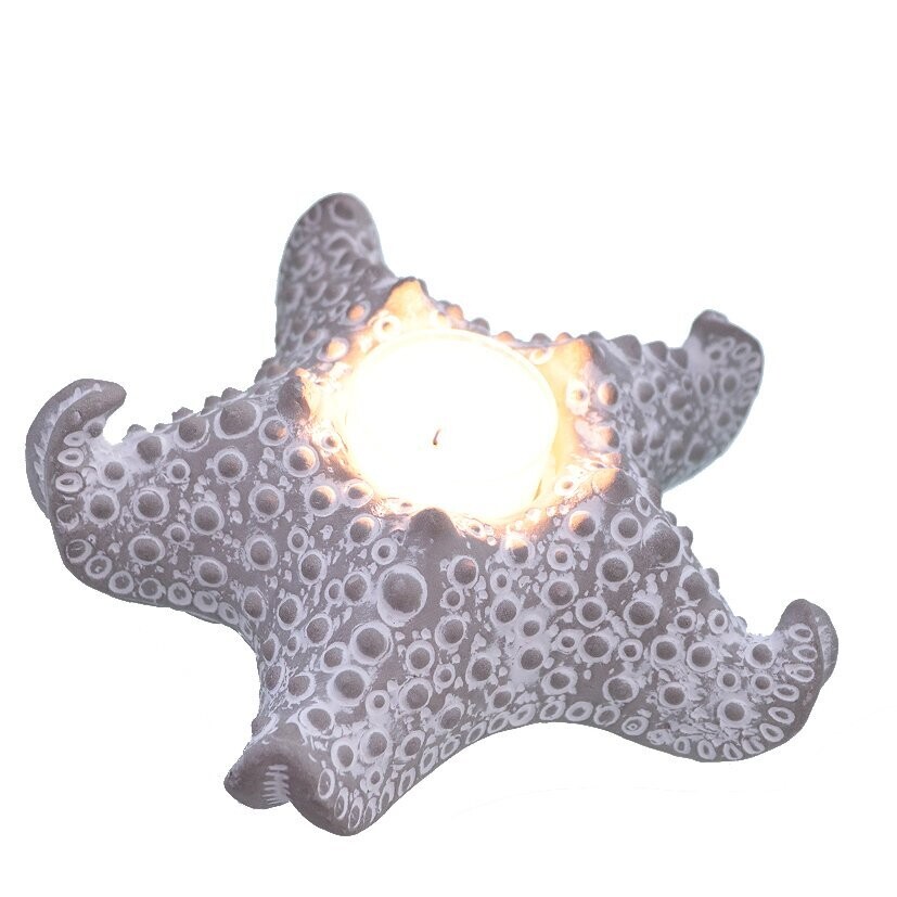 Teelichthalter 'Seestern', grau/weiß gewischt, Beton, ca. 16 cm Ø x 5 cm H (ohne Deko )