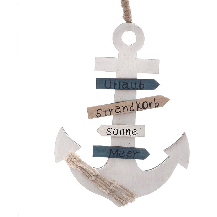 Anhänger 'Anker', m/Netzdeko, antik-weiß/blau, Sperrholz, ca. 11 x 15 cm H, mit Wegweisern: Urlaub/Meer/Strandkorb/Sonne