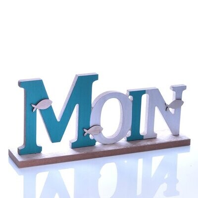 Schriftzug 'Moin', MDF, hellblau/Aqua/Creme, ca. 24 x 4,5 x 10 cm H, mit Fischdeko