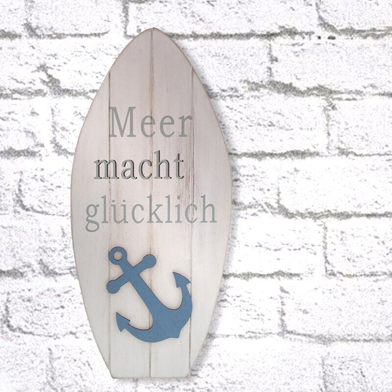 Surfbrett 'Meer macht glücklich.' zum Hängen, antik weiß, MDF, ca. 16 x 35 cm H