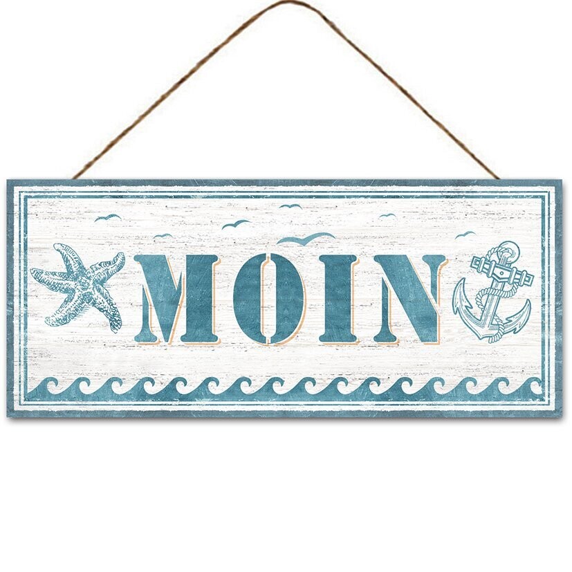 Schild 'Moin', blau/weiß, Anker/Seestern, ca. 30,5 x 13 cm H Metall mit Jutehänger