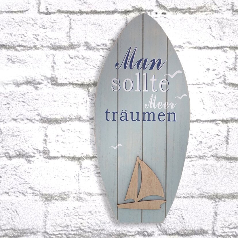 Surfbrett zum Hängen, MDF, 'Man sollte Meer träumen' ca. 16 x 35 cm H hellblau/natur