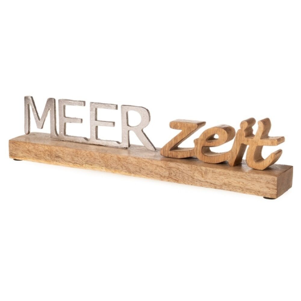 Schriftzug 'Meerzeit', Aluminium, vernickelt, Holz, ca. 31 x 5 x 7 cm H Mangoholzstand