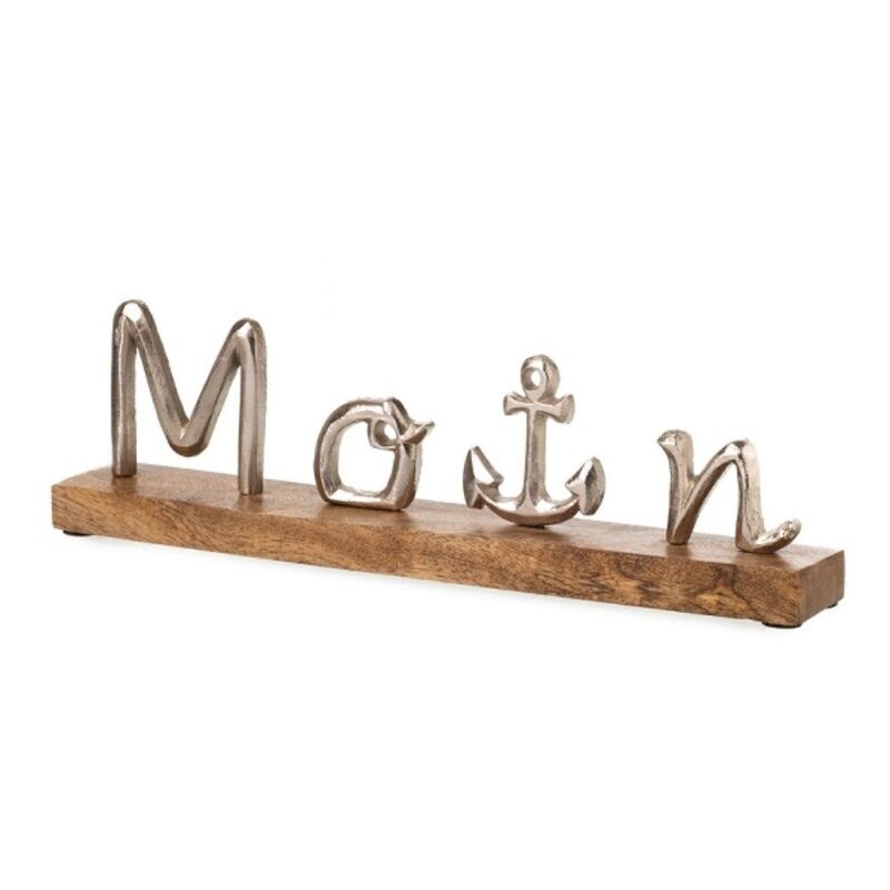 Schriftzug 'Moin', Aluminium (vernickelt), Mangoholzstand, ca. 9 x 5 x 30 cm H mit Ankerdeko