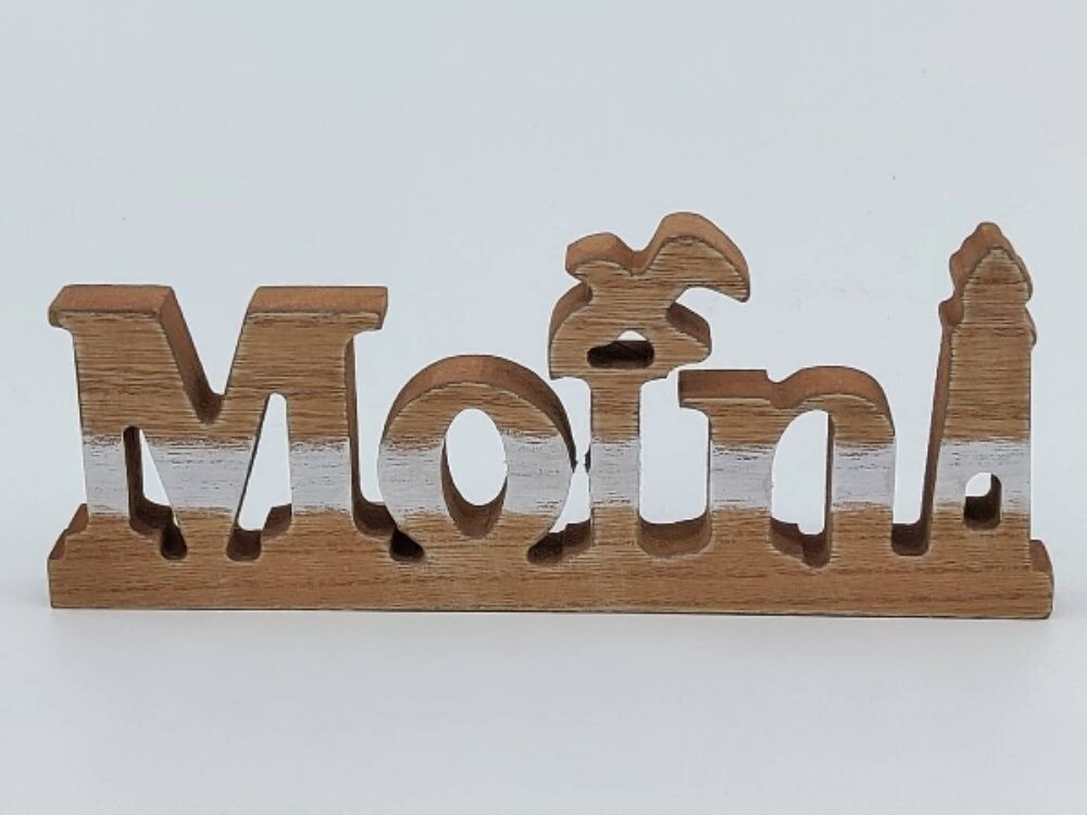 Moin ca.25cm MDF, braun/weiß gestreift, mit Möwe und Leuchtturm