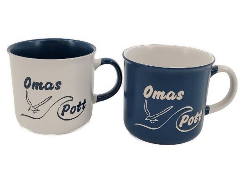 Ein Hösti-Maritim Becher ca.410ml ca.10x9cm, aus Keramik, Omas Pott weiß oder blau, mit Möwe