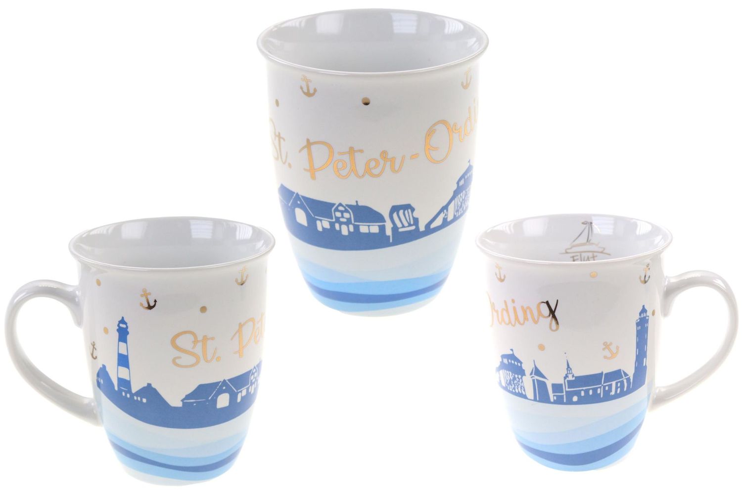 Ein St. Peter-Ording Kaffeebecher, Skyline-Design mit Leuchtturm, Wellen und goldener Schrift, Porzellan