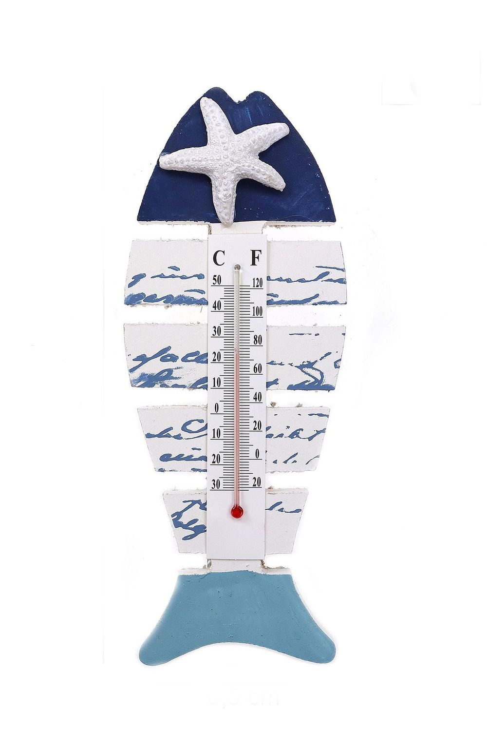 Maritimes Holz-Thermometer im Fischdesign mit Seestern, 23 x 8,5 cm, Weiß-Blau