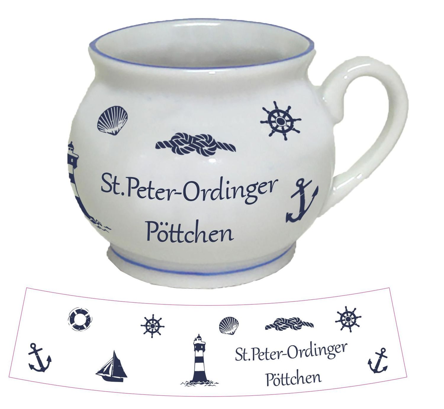 St. Peter-Ordinger Pöttchen, Maritimer Kugelbecher mit Nautischen Motiven, 4,5 cm Höhe, Weiß-Blau