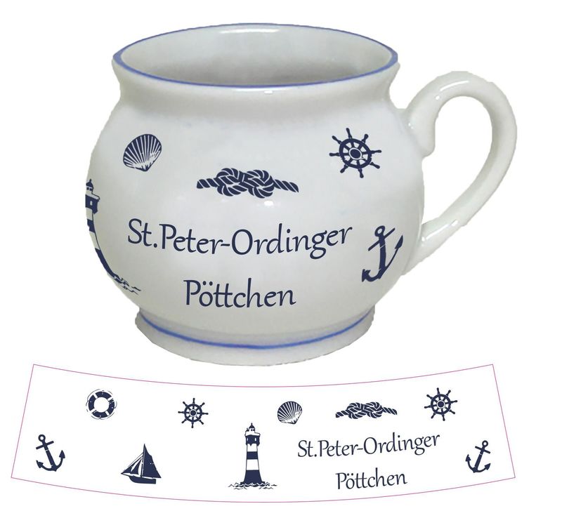 St. Peter-Ordinger Pöttchen, Maritimer Kugelbecher mit Nautischen Motiven, 4,5 cm Höhe, Weiß-Blau