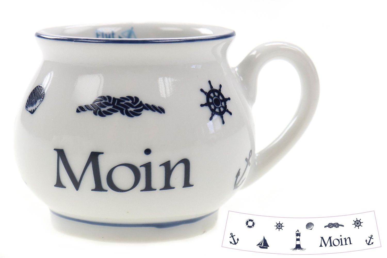 Maritime Kaffeebecher Moin, Weiß mit Blau, Nautische Motive, 4,5cm x 4,5cm