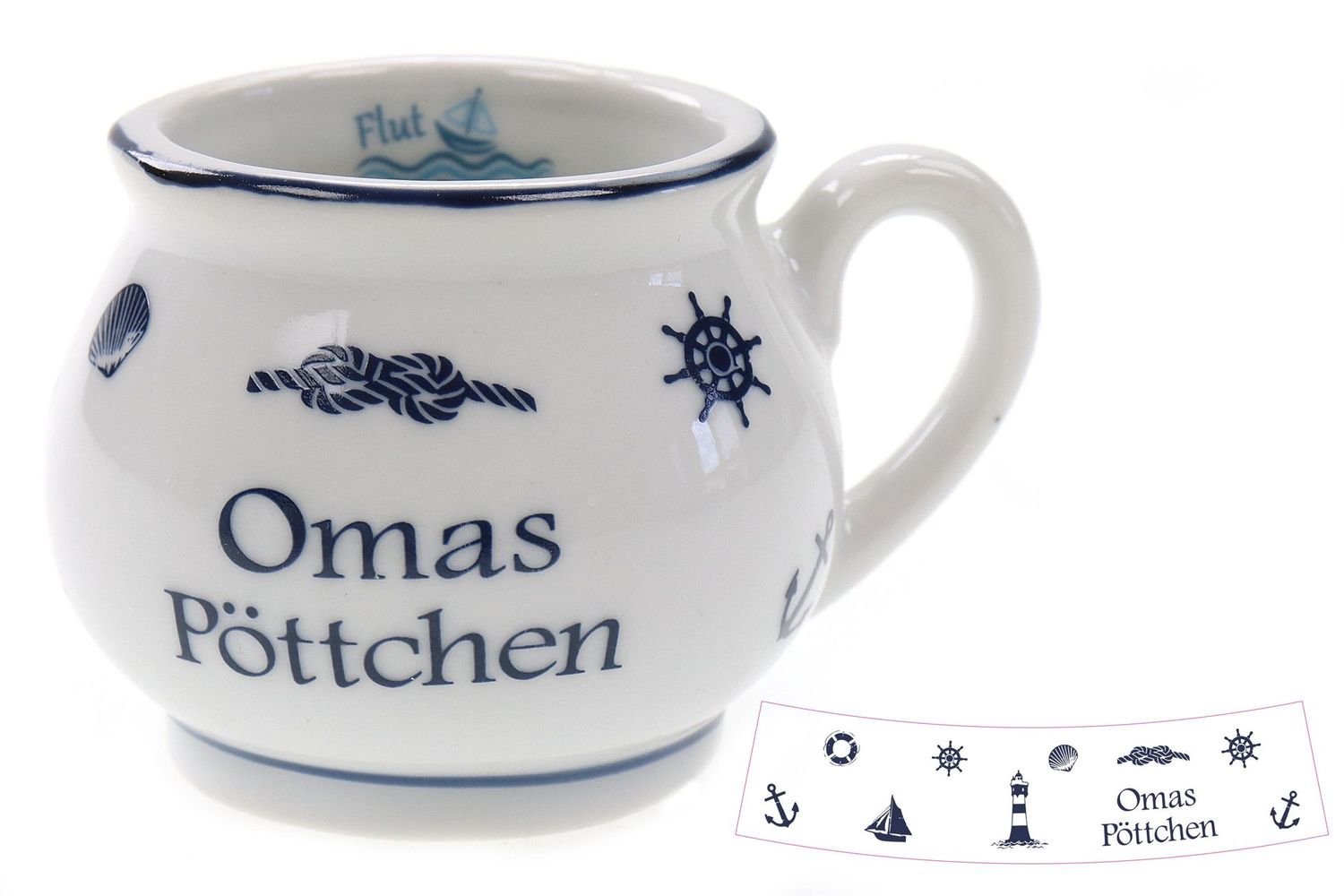 Oma´s Pöttchen Maritimer Kaffeebecher, 4,5 cm Höhe, Weiß-Blau mit Nautischen Motiven, Keramik