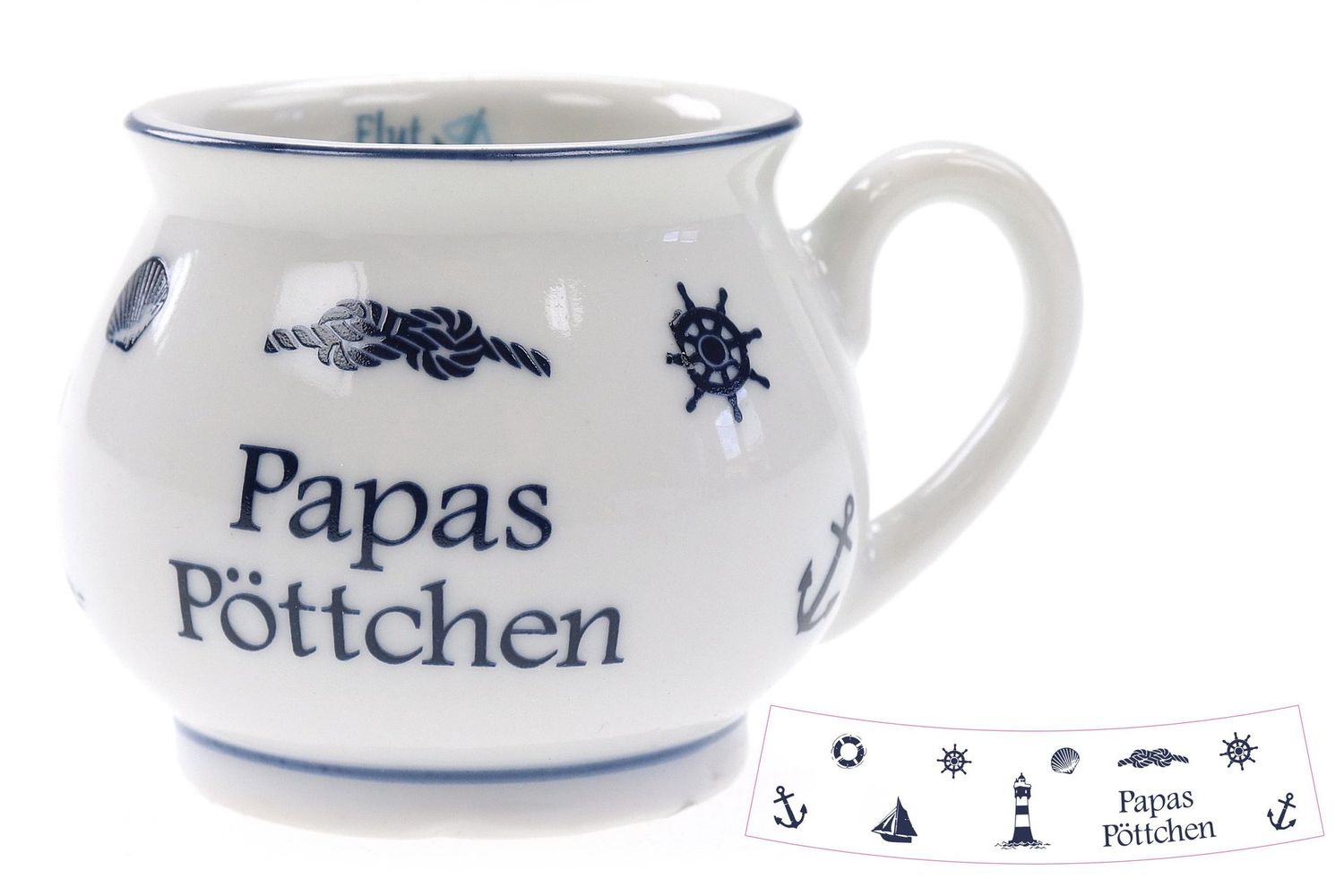 Maritimer Kugelbecher Papas Pöttchen, Keramik, ø 4,5cm, H. 4,5cm, Weiß-Blau mit Nautischen Motiven