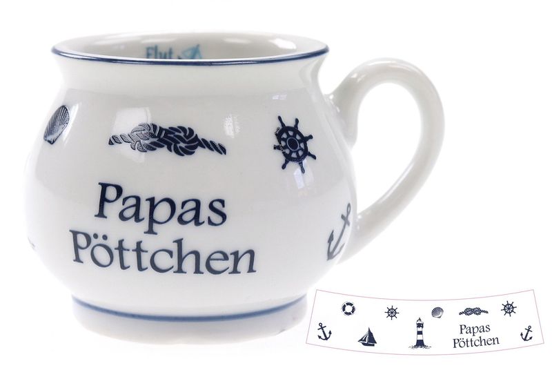 Maritimer Kugelbecher Papas Pöttchen, Keramik, ø 4,5cm, H. 4,5cm, Weiß-Blau mit Nautischen Motiven