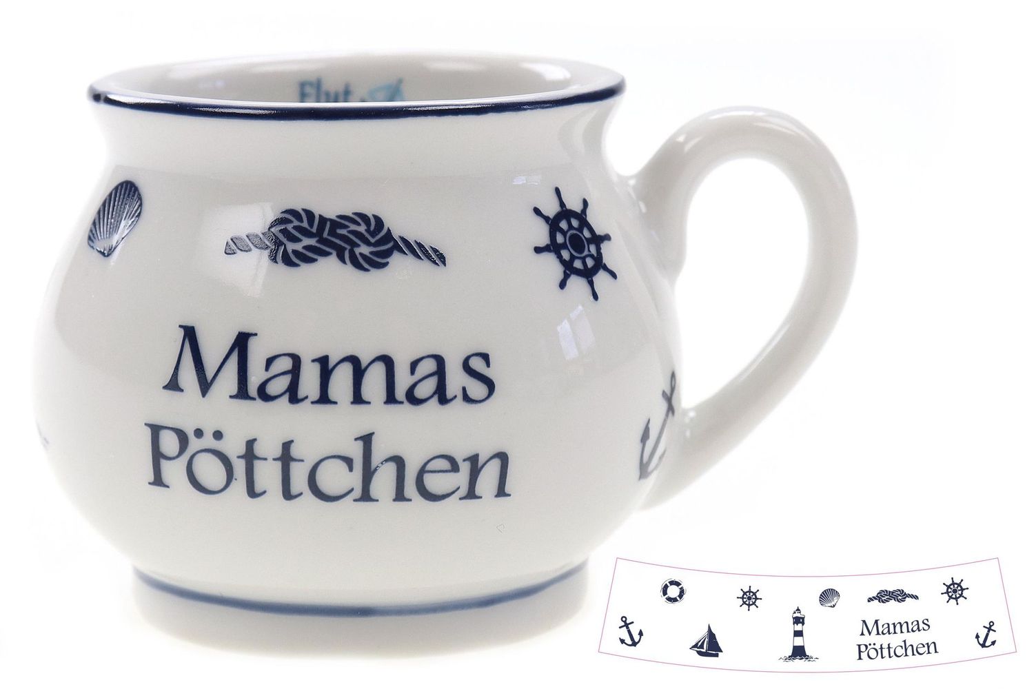 Maritimer Kaffeebecher Mamas Pöttchen, Keramik, 4,5 cm Höhe, Weiß-Blau mit Nautischen Motiven