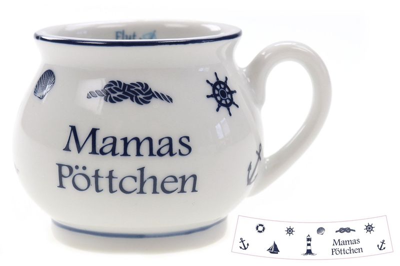 Maritimer Kaffeebecher Mamas Pöttchen, Keramik, 4,5 cm Höhe, Weiß-Blau mit Nautischen Motiven