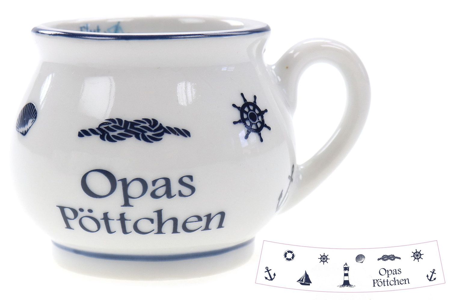Maritimer Kugelbecher Opas Pöttchen, Keramik, 4,5 cm Höhe, Weiß-Blau mit Nautischen Motiven