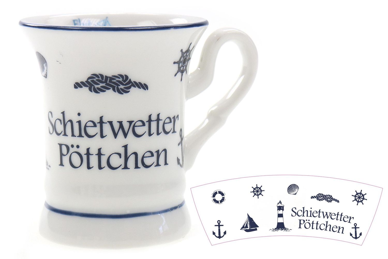 Schietwetter Pöttchen Maritimer Becher, 4,5cm Durchmesser, 5cm Höhe, Weiß mit Nautischen Motiven