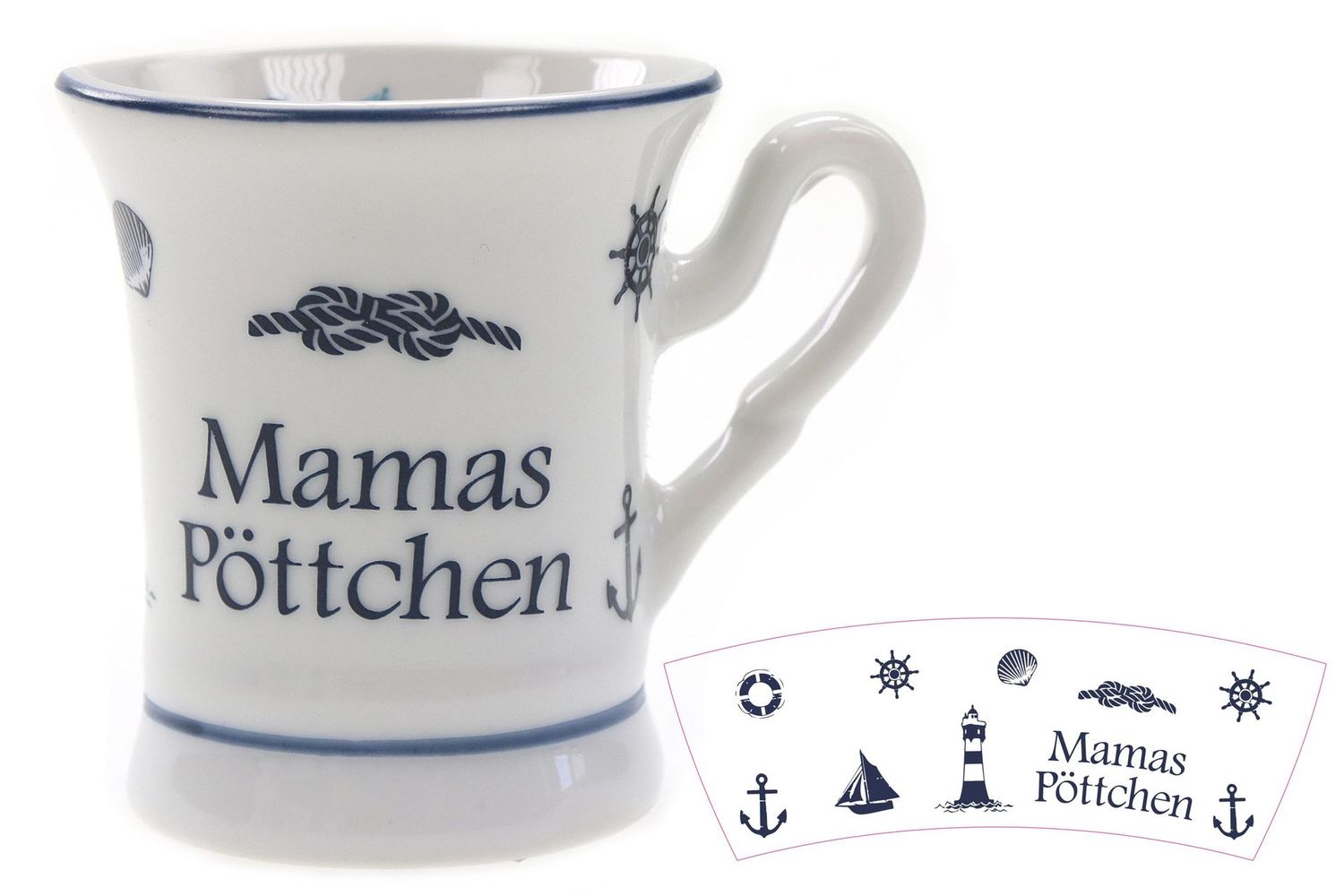 Maritimer Kaffeebecher Mamas Pöttchen, Porzellan, 4,5 cm Durchmesser, 5 cm Höhe, Weiß-Blau mit Nautischen Motiven