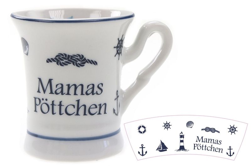 Maritimer Kaffeebecher Mamas Pöttchen, Porzellan, 4,5 cm Durchmesser, 5 cm Höhe, Weiß-Blau mit Nautischen Motiven