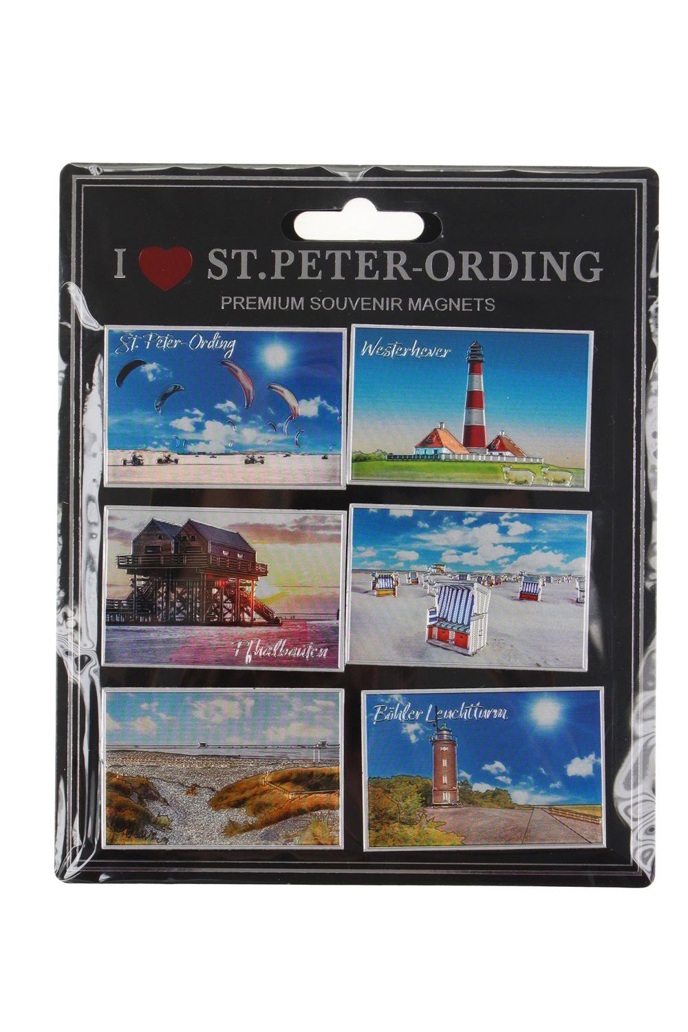 St. Peter-Ording Premium Souvenir Magnete, 6er Set, 4x6 cm, Silber-geprägt und glitzernd