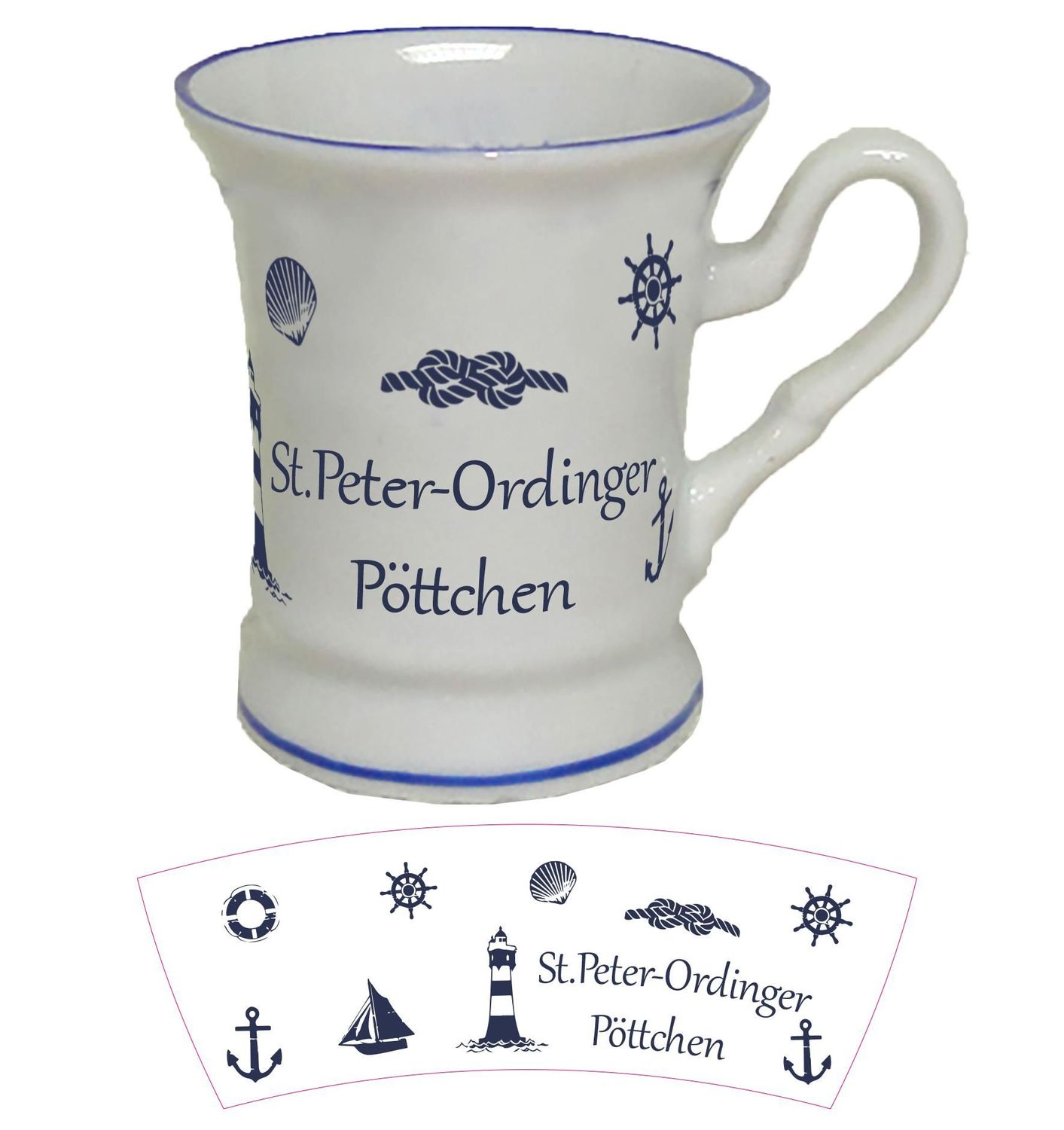 St. Peter-Ordinger Pöttchen, Maritimer Becher mit Leuchtturm Motiven, 4,5cm Durchmesser, 5cm Höhe, Weiß-Blau