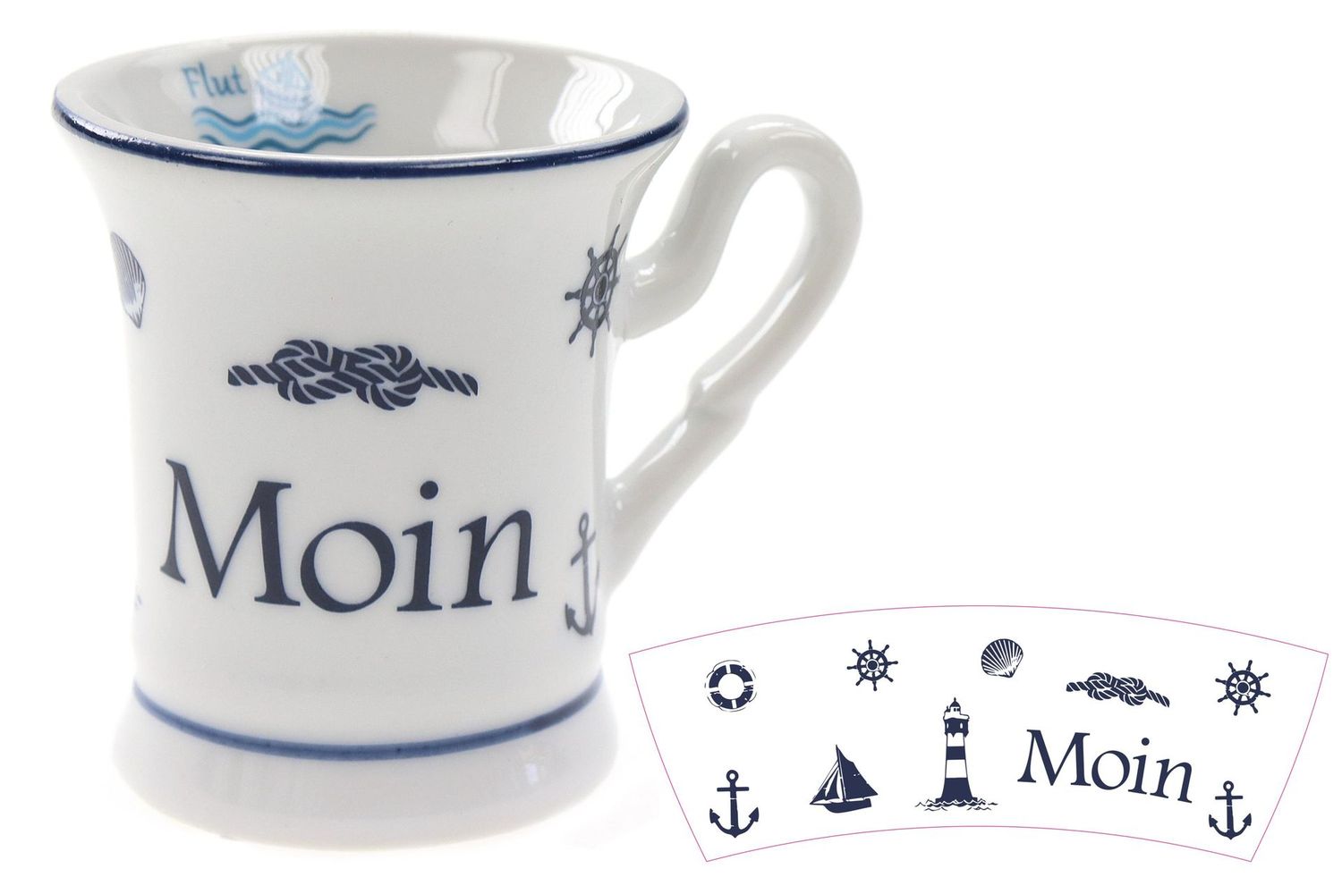 Maritimer Kaffeebecher Moin, Porzellan, Weiß-Blau, 4,5cm Durchmesser, 5cm Höhe