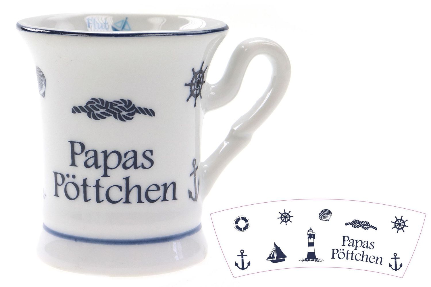 Maritimer Kaffeebecher Papas Pöttchen, Porzellan, 4,5cm Durchmesser, 5cm Höhe, Weiß-Blau mit Nautischen Motiven