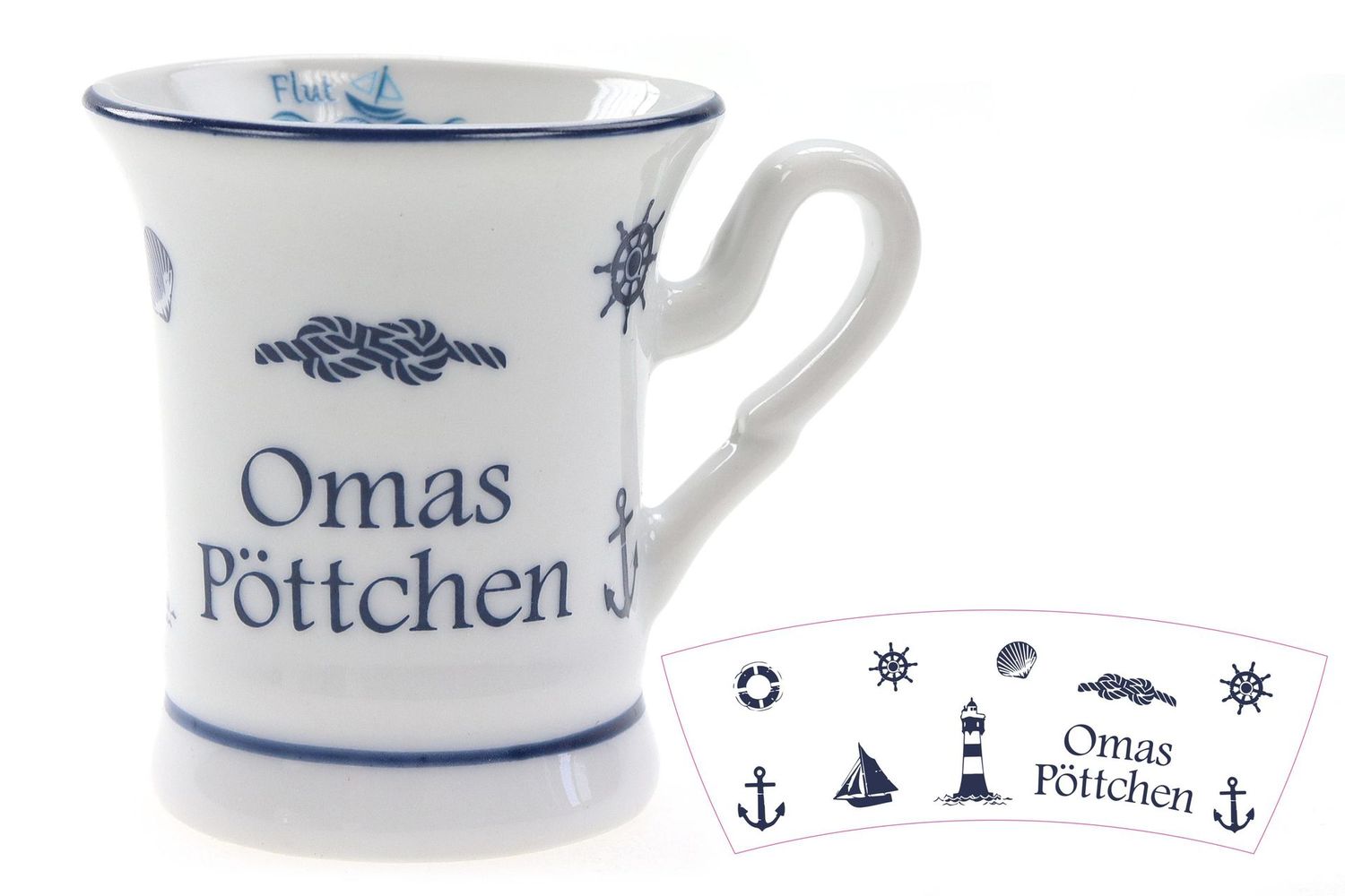Maritimer Kaffeebecher Omas Pöttchen, Porzellan, 4,5cm Durchmesser, 5cm Höhe, Weiß-Blau mit Nautischen Motiven