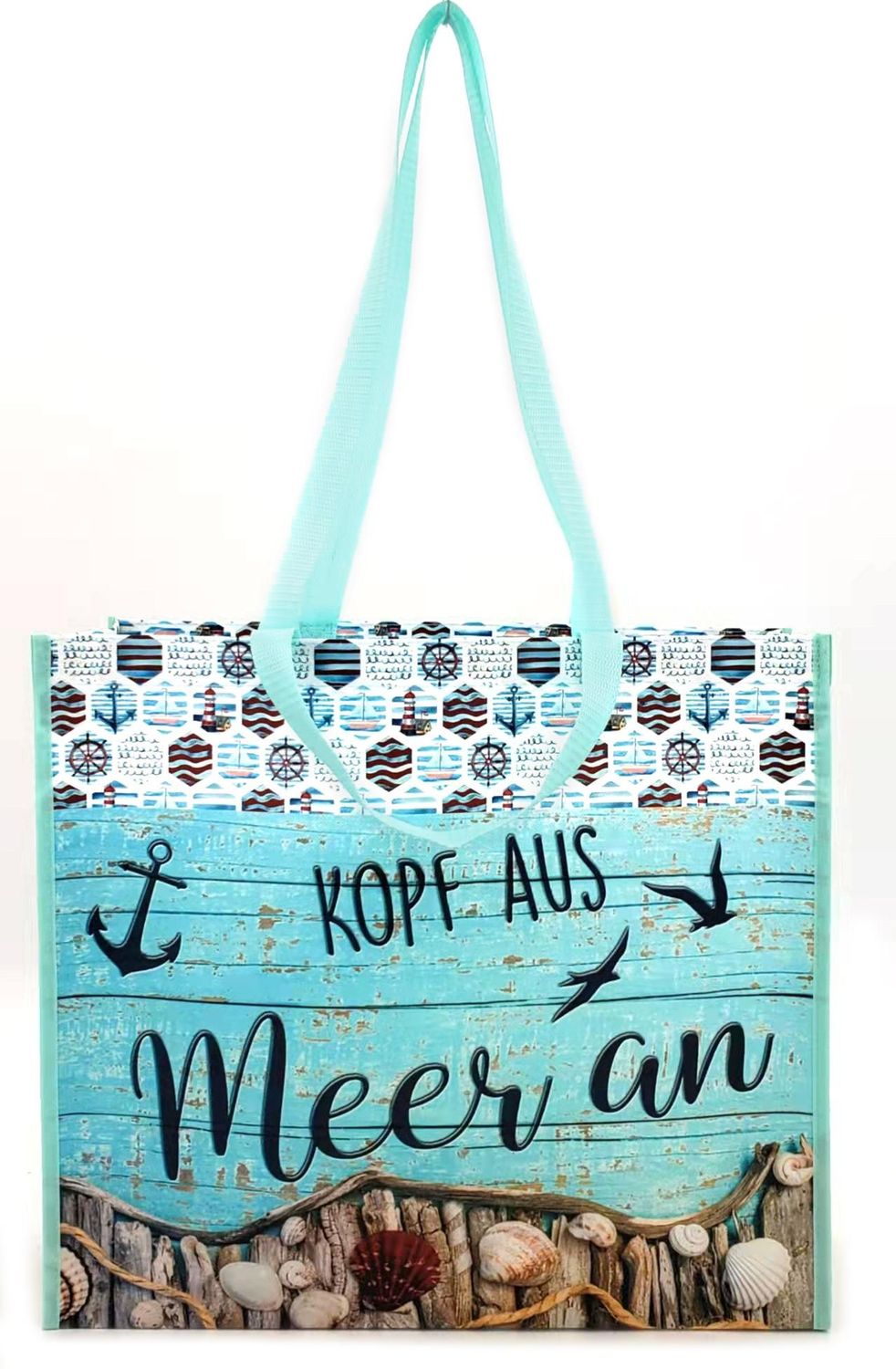 Laminierte Strandtasche mit Maritimem Design, Kopf aus Meer an, 45x40x15cm, Türkis