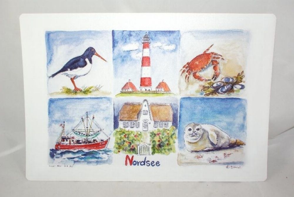 Nordsee Tischset, Maritimes Design mit Leuchtturm und Meerestieren, Kunststoff, 44x30cm