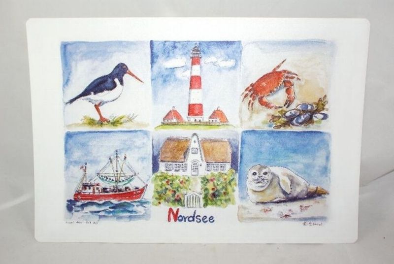 Nordsee Tischset, Maritimes Design mit Leuchtturm und Meerestieren, Kunststoff, 44x30cm