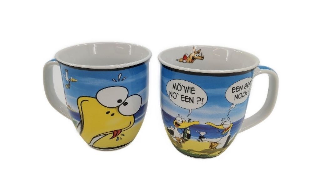 Ein Hösti Porzellan-Kaffeebecher mit Comic-Motiv, 10x9 cm, Blau-Weiß