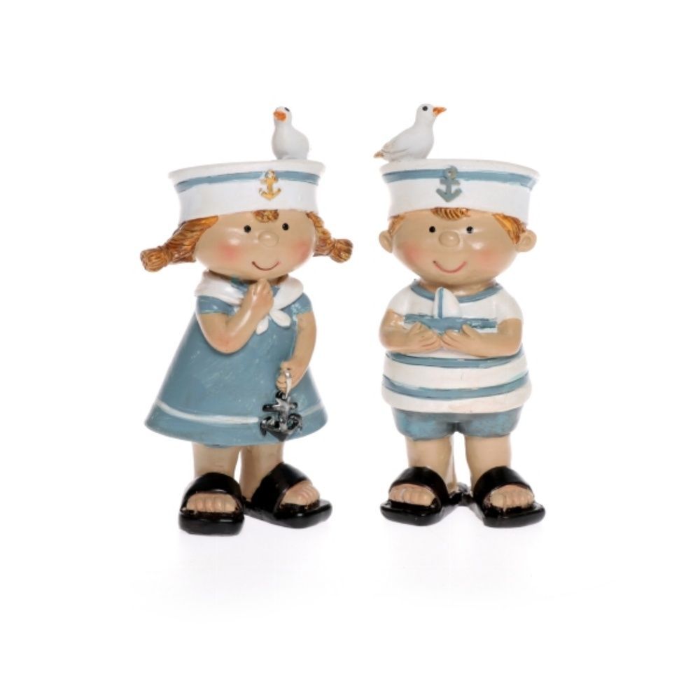 Maritime Deko-Figuren, Matrosen-Paar mit Möwen, Polyresin, 11,5 cm, Blau/Weiß