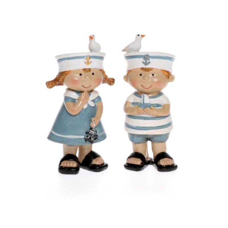 Maritime Deko-Figuren, Matrosen-Paar mit Möwen, Polyresin, 11,5 cm, Blau/Weiß