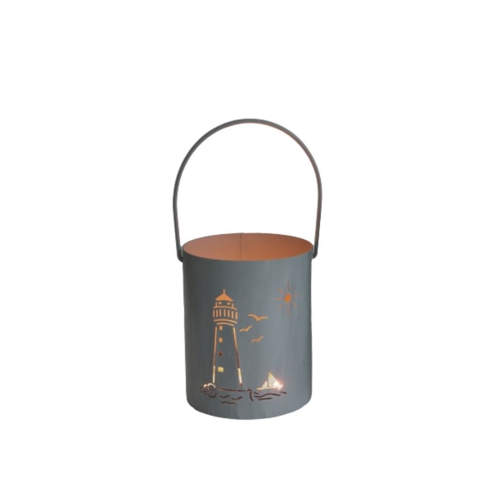 Dekorativer Metall-Windlicht Eimer mit Leuchtturm-Motiv, Grau, 12 x 15 x 26,5 cm