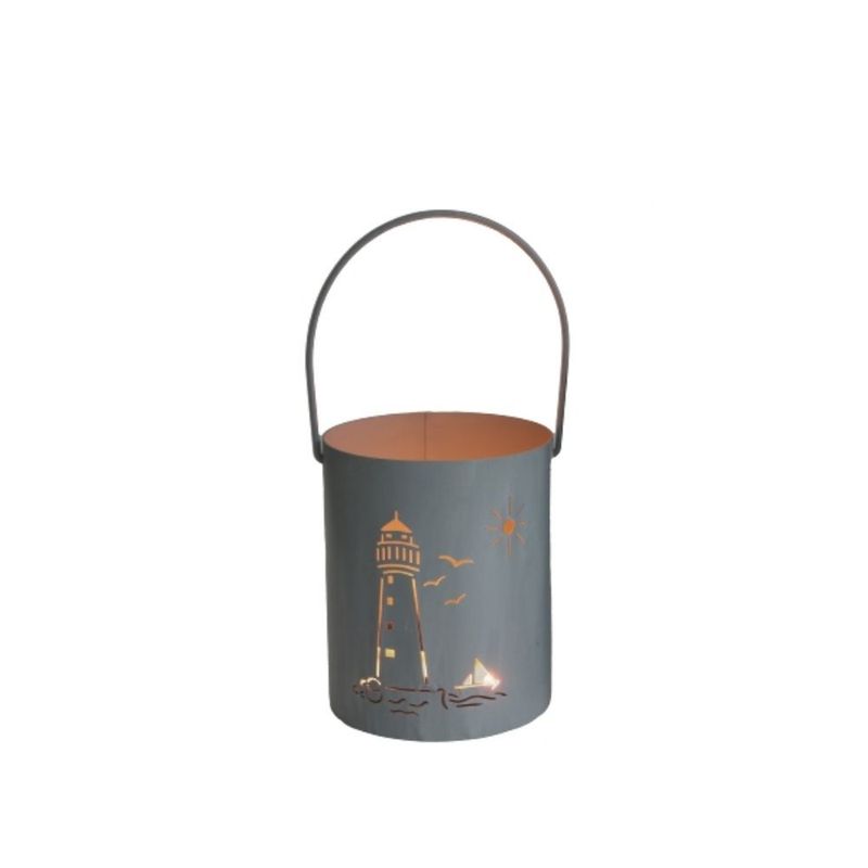 Dekorativer Metall-Windlicht Eimer mit Leuchtturm-Motiv, Grau, 12 x 15 x 26,5 cm